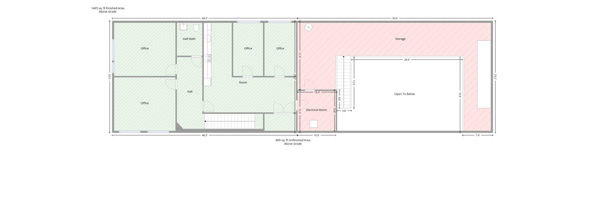 Second floor plan showing five offices, conference room, kitchen, and mezzanine storage